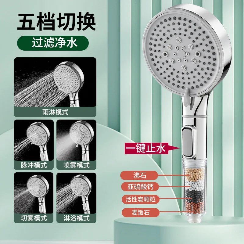 Bathroom Shower Head with Stop Button 5 Mode Anti Limestone Filter Hygienic Remove Chlorine Handheld Head Filtration Shower Head