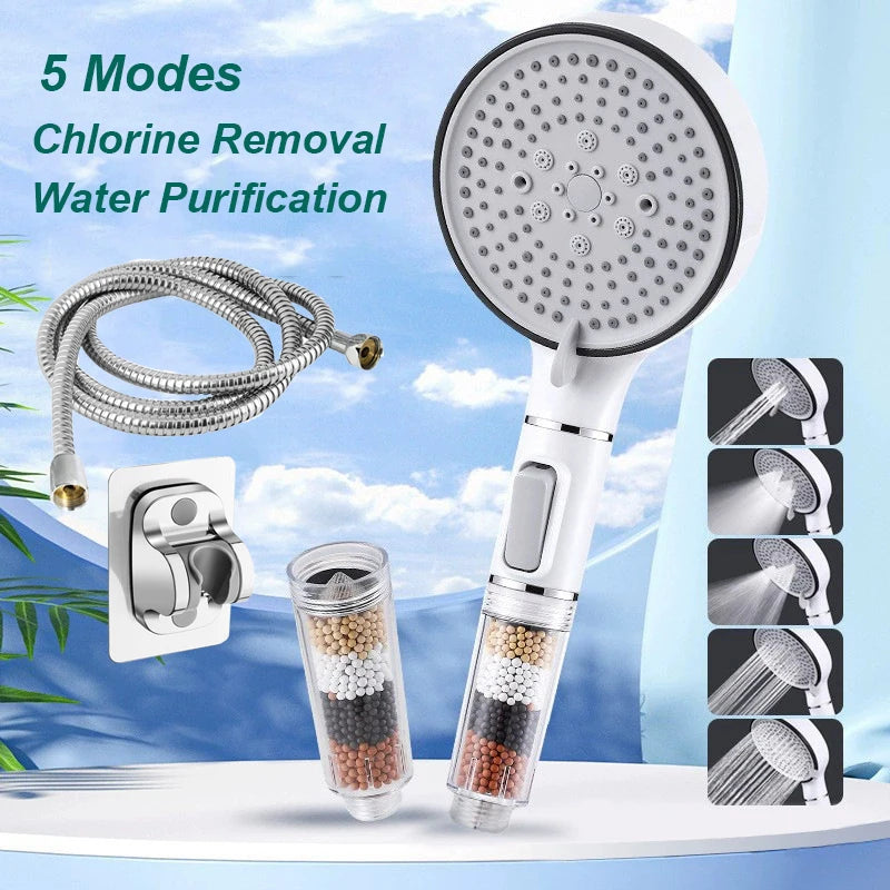 Bathroom Shower Head with Stop Button 5 Mode Anti Limestone Filter Hygienic Remove Chlorine Handheld Head Filtration Shower Head