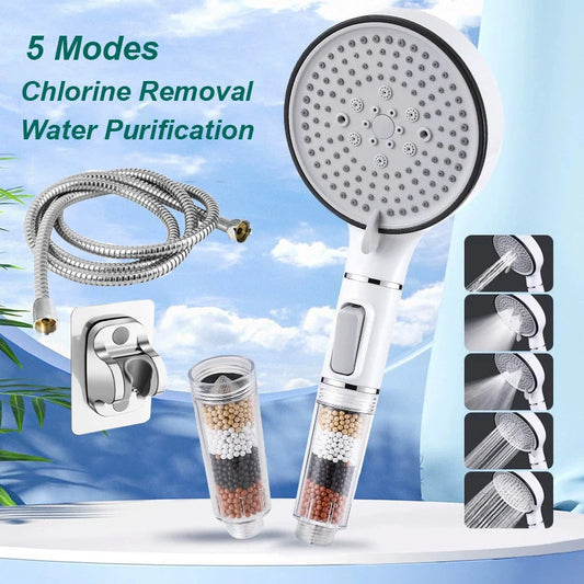 Bathroom Shower Head with Stop Button 5 Mode Anti Limestone Filter Hygienic Remove Chlorine Handheld Head Filtration Shower Head