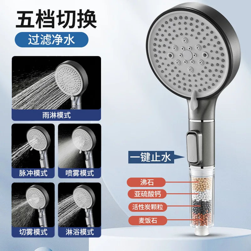 Bathroom Shower Head with Stop Button 5 Mode Anti Limestone Filter Hygienic Remove Chlorine Handheld Head Filtration Shower Head